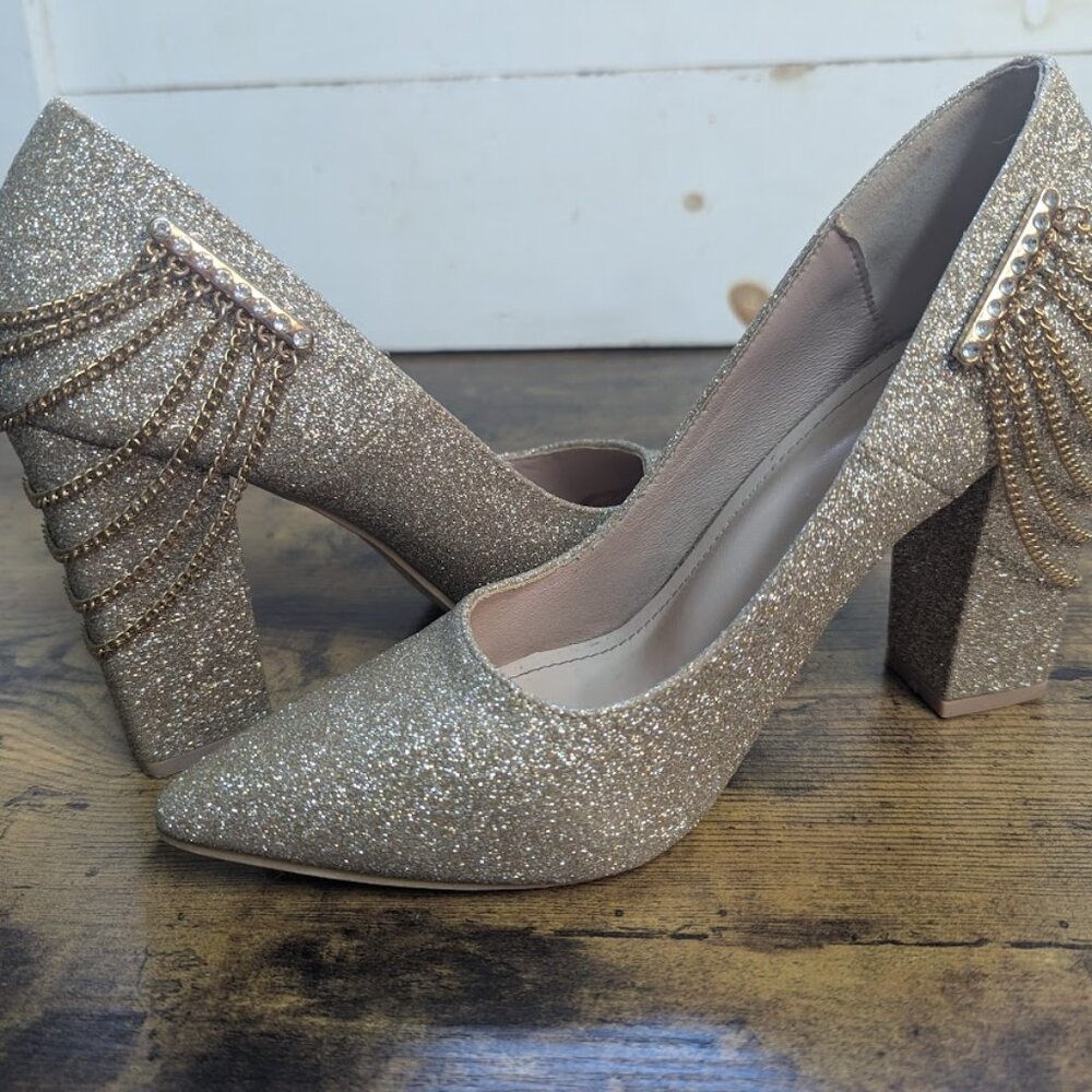 Chain & Rhinestone Decor Glitter Chunky Court Pumps - Picture 2 of 7